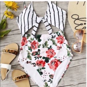 Striped & Floral High Waist One Piece